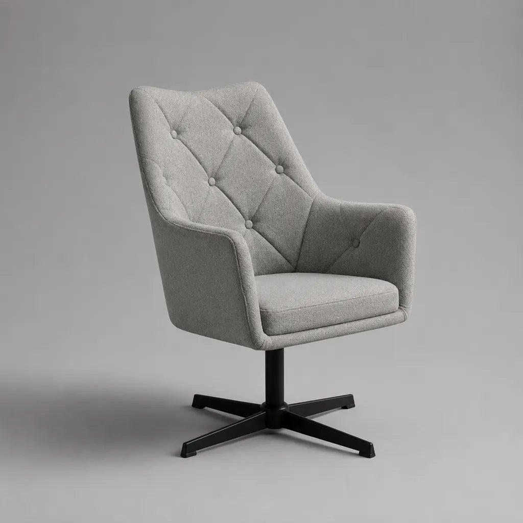 Sedia girevole con schienale imbottito in poliestere grigio chiaro con pietement in acciaio nero, 76 × 76 × 97 cm