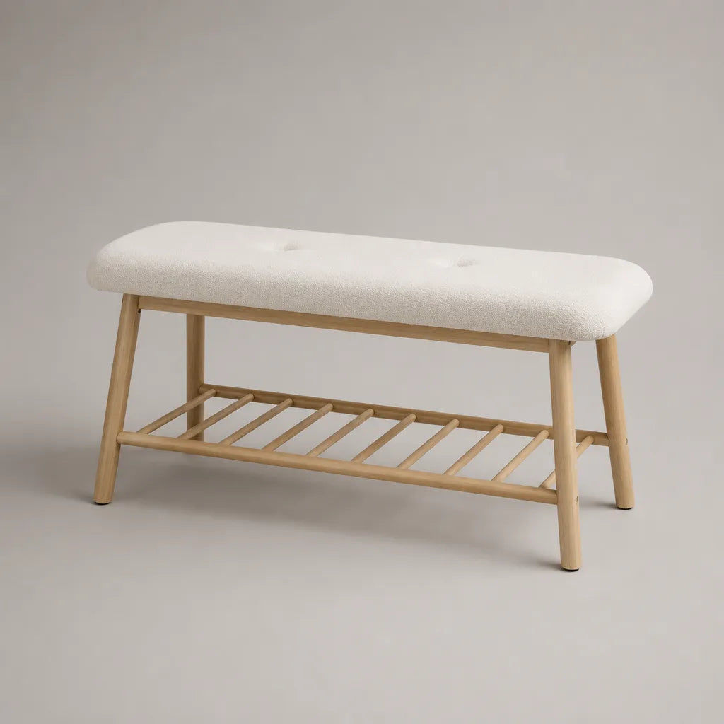 Panca rettangolare in legno e tessuto riccio bianco rotto con ripiano, 100 × 35 × 48 cm