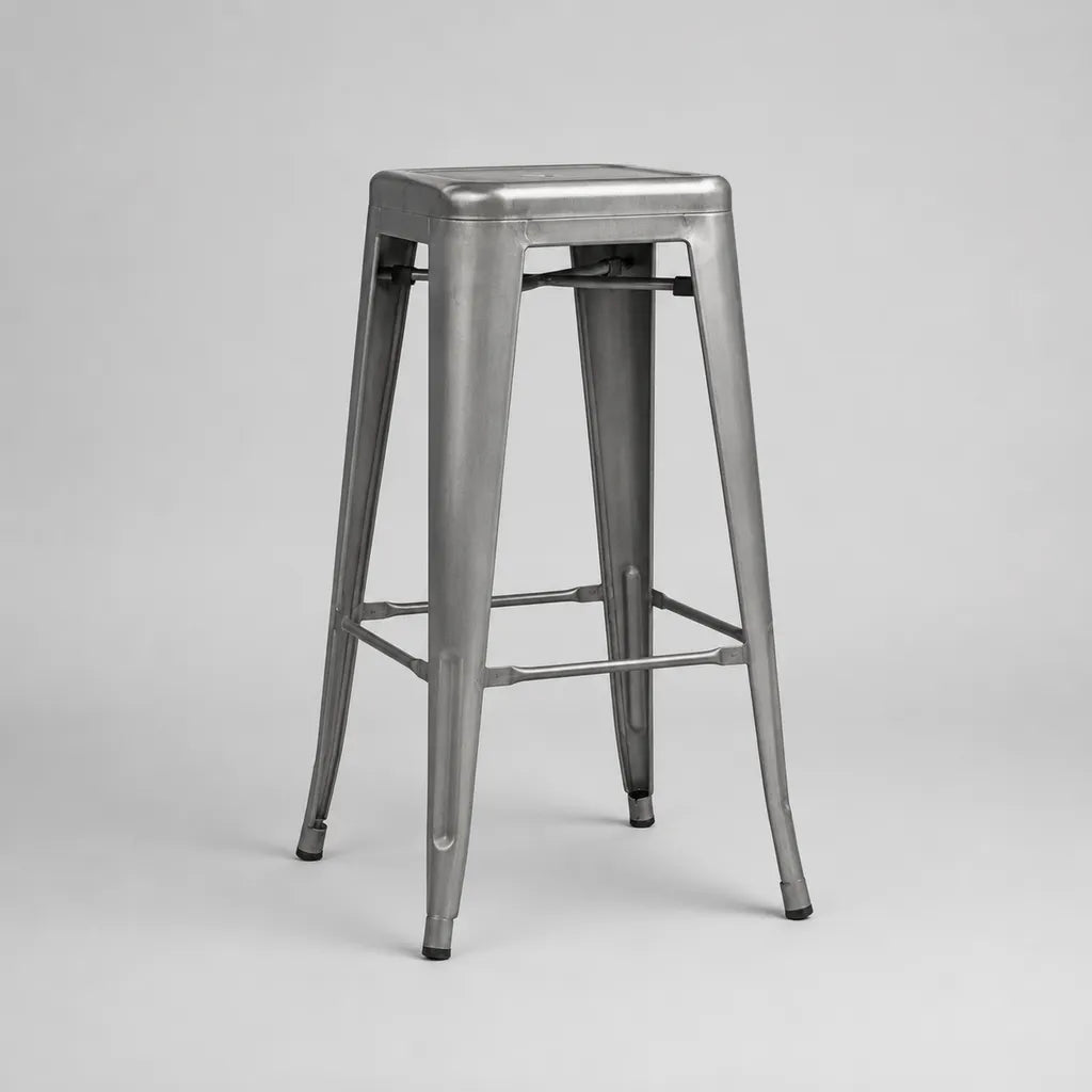 Sgabello in acciaio zincato grigio argento, sedile quadrato senza schienale, 43 × 43 × 76 cm
