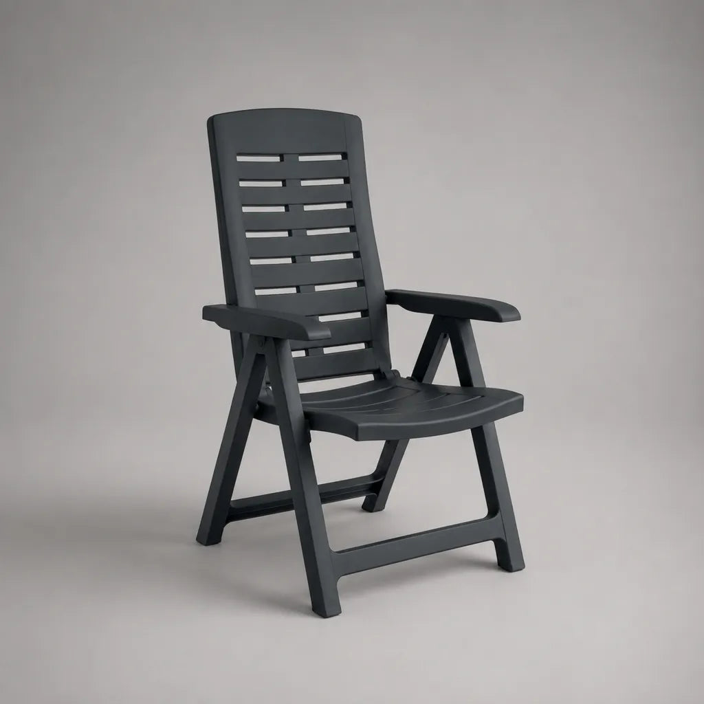 Sedia esterna pieghevole e inclinabile in polipropilene antracite con braccioli, 61 × 68 × 109 cm