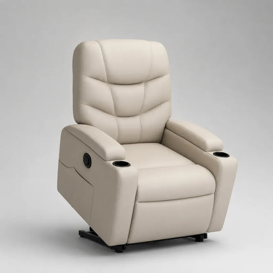 Sedia rilassante a mano in pelle beige con poggiapiedi e supporto a 2 tazze, 94 × 96 × 105 cm