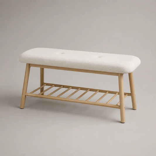 Panca rettangolare in legno e tessuto riccio bianco rotto con ripiano, 100 × 35 × 48 cm