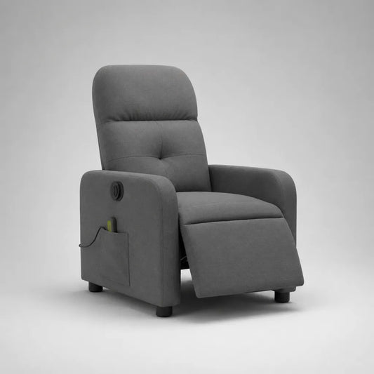 Sedia relax elettrica in tessuto grigio e metallo con poggiapiedi e schienale alto, 71 × 92 × 104 cm
