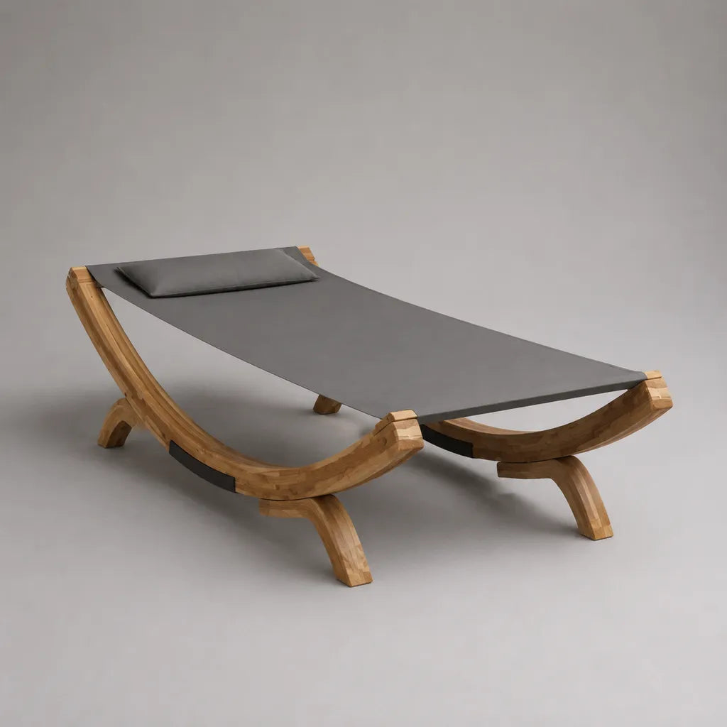 Bagno al sole esterno 1 sedile in legno e tela grigia antracite con cuscino, 200 × 80 × 70 cm