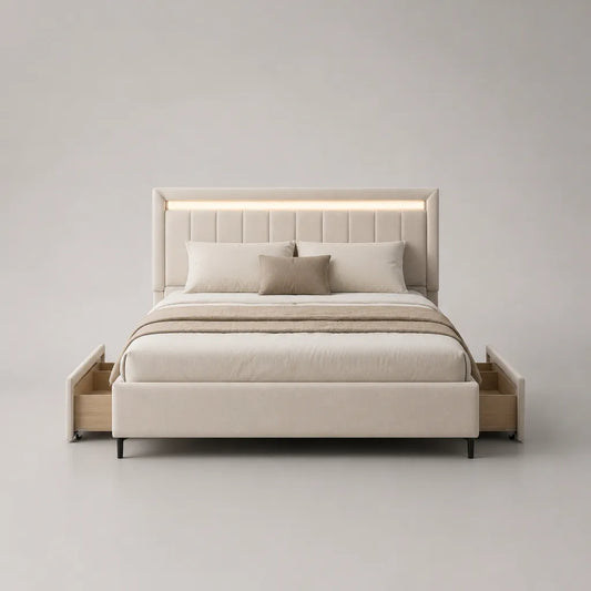 Letto matrimoniale imbottito in crema poliestere con testata a LED e 2 cassetti laterali, letto 160 × 200 cm, dimensioni 218 × 176 × 120 cm
