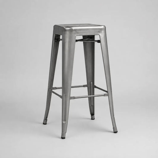 Sgabello in acciaio zincato grigio argento, sedile quadrato senza schienale, 43 × 43 × 76 cm