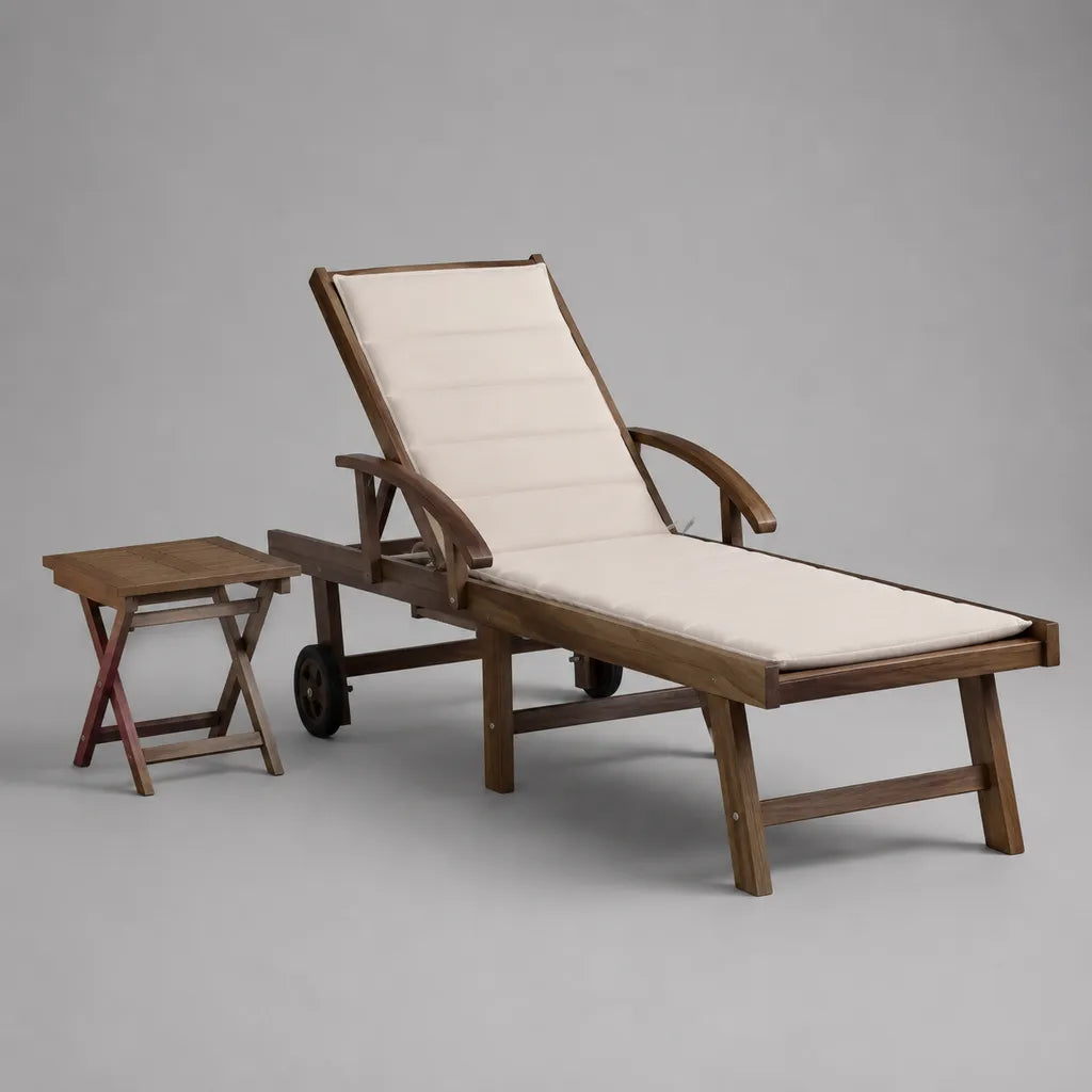 Set di 2 pezzi – Giardino in legno marrone con solarium regolabile 200 × 68 × 30–86 cm, cuscino sbiancato e tavolo pieghevole 45 × 45 × 45 cm