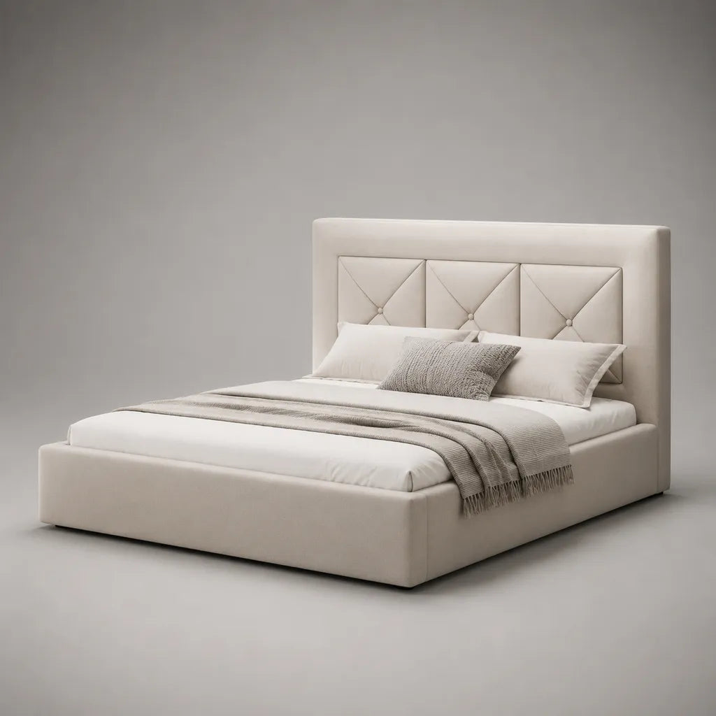 Lettino doppio cassa in pelle simile PU crema beige, letto 160 × 200 cm, dimensioni 214 × 174 × 120 cm, testa di letto a tappo