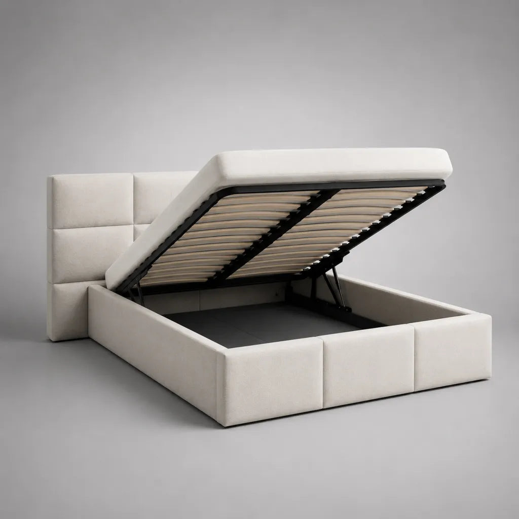 Lettino doppia scatola imbottita crema in poliestere 160 × 200 cm con letto con latte e testa di letto rettangolare