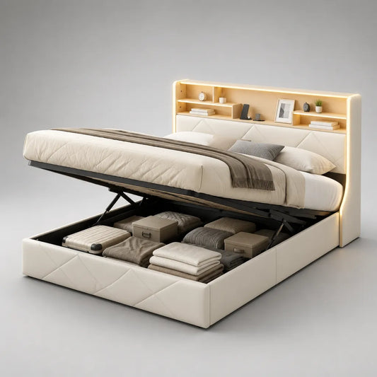 Cassa doppia culla in pelle bianca rotta con piano estraibile, ripiano testa e illuminazione a LED, letto 160 × 200 cm, dimensioni 218 × 176 × 125 cm