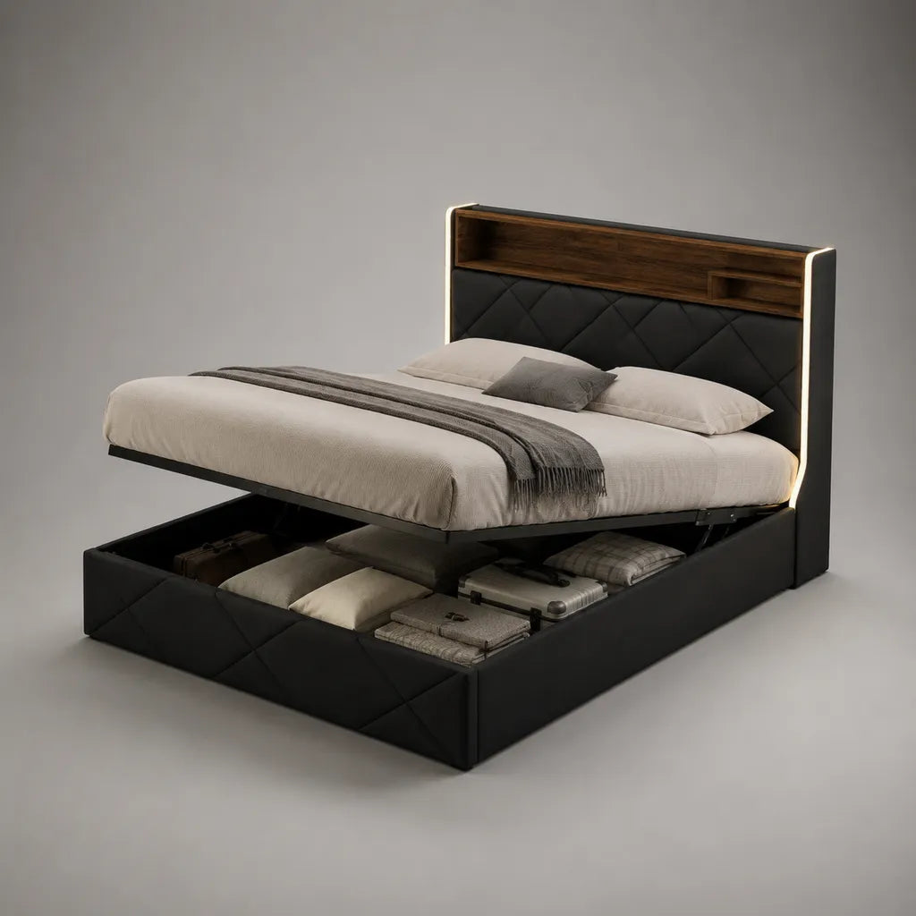 Letto matrimoniale in pelle nera e legno, letto da 160 × 200 cm, dimensioni 217 × 172 × 120 cm, letto estraibile, lettino con LED e nicchie