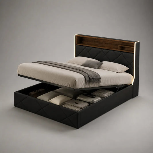 Letto matrimoniale in pelle nera e legno, letto da 160 × 200 cm, dimensioni 217 × 172 × 120 cm, letto estraibile, lettino con LED e nicchie