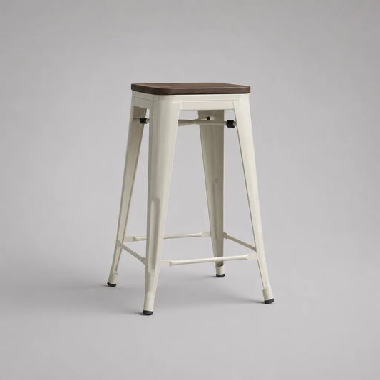Sgabello alto in acciaio verniciato e legno massello, bianco rotto e marrone scuro, 43 × 43 × 76 cm