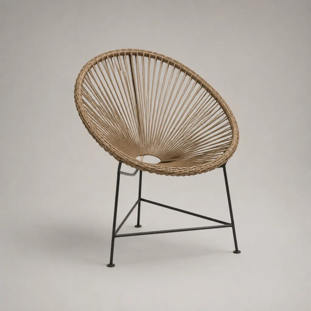 Sedia rotonda in resina intrecciata PE e acciaio beige e termolacciato nero, 74 × 80 × 87 cm