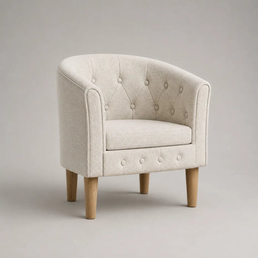 Poltrona imbottita in tessuto anello bianco rotto con piedi in legno, 72 × 70 × 74 cm